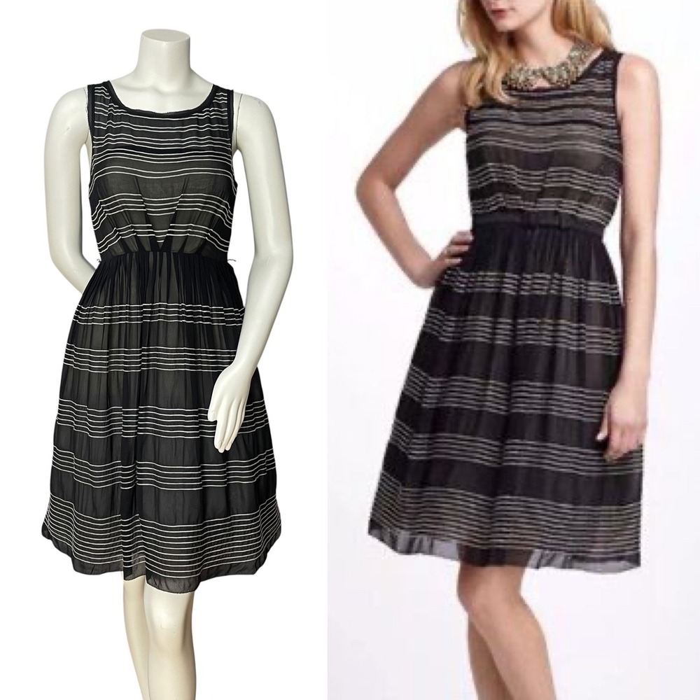 Anthropologie Hitherto Silk Dress‎ Stripes Retro Sleeveless Fit and Flare Black
